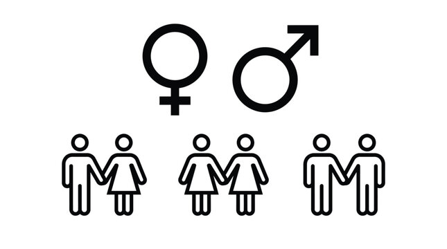 Gender symbols and diverse couple icons rendered as a minimalist black and white vector graphic illustration