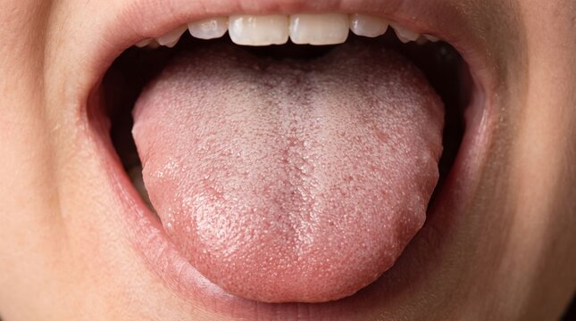 Close up of open mouth sticking out white coated tongue