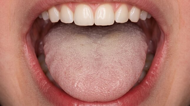 Macro view of open mouth with white coated tongue