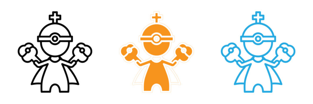 Three cartoon illustrations of a superhero minion character in different colors