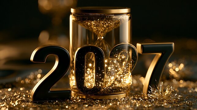 Golden 2027 New Year celebration with hourglass and glitter
