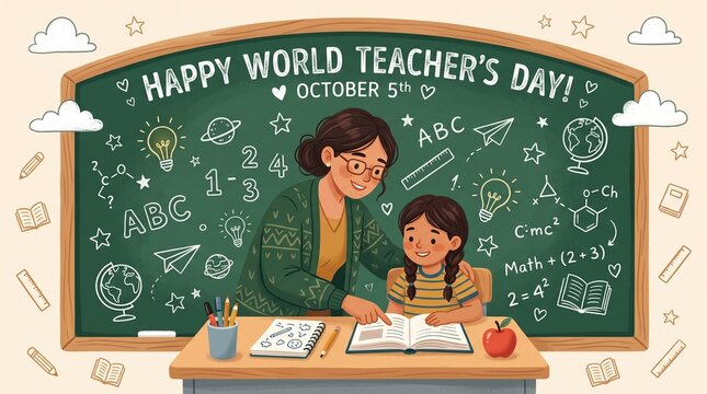 A warm digital illustration depicting a teacher helping a young student with her studies at a desk in front of a green chalkboard decorated with educational doodles for World Teacher's Day.