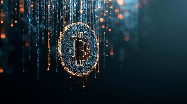 Glowing bitcoin cryptocurrency symbol floating amidst vertical streaming binary code data streams with soft orange lighting and dark blue background