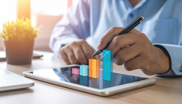 Cartoon hand drawing rising bar chart on tablet, corporate growth and data analysis
