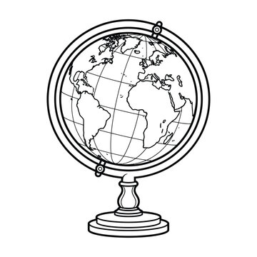 Black and white line art of a world globe on a stand, showing continents and grid lines, educational geography concept
