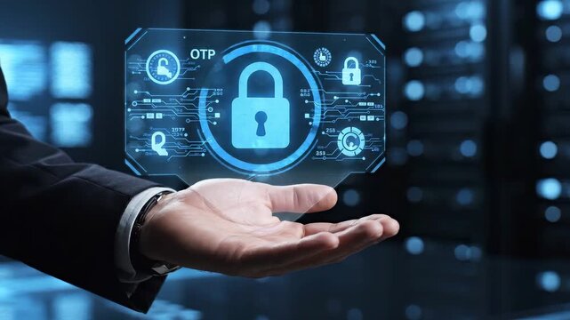 Professional uses a holographic OTP panel above an outstretched hand as digital verification completes and a lock glows. Secure authentication and fintech protection