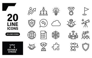 Fototapeta premium Business and strategy line icon set for professional management and corporate communication.