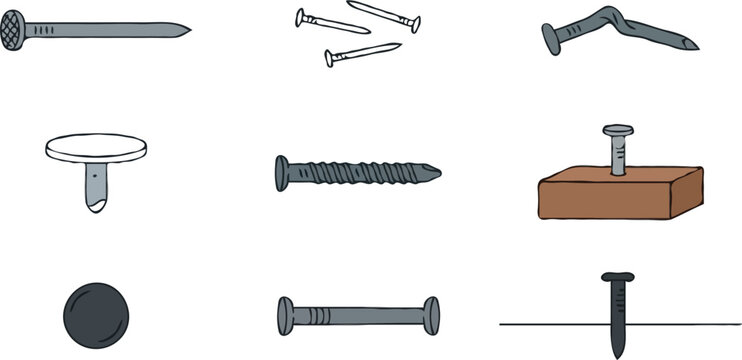 Metal construction nails vector illustration set featuring straight sharp fasteners bent nail screw threads rivet pins and hammered hardware elements