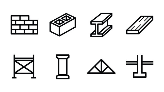 Construction Materials Icons: A set of simple line art icons representing various building and construction materials, including brick wall, concrete block, steel beam, wood plank, scaffold, column.