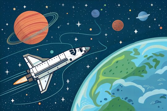 Space shuttle on earth orbit. Stylized space travel and science background.