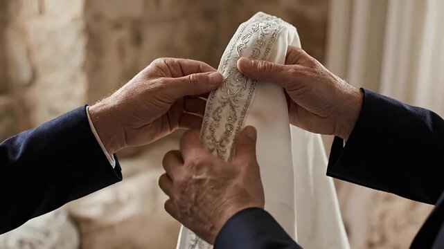 Man holding embroidered white cloth fabric garment in close up scene