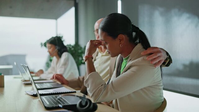 Laptop, sad and comfort woman in call center, customer interaction mistake or thank you for support. Computer, headset and person with stress at help desk, difficult client and coworker empathy