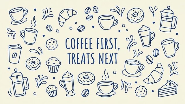 Coffee First Treats Next Animated Doodle Background