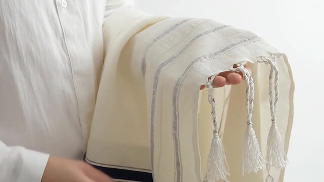 Man holding ritual fringed shawl with silver stripes in bright interior space