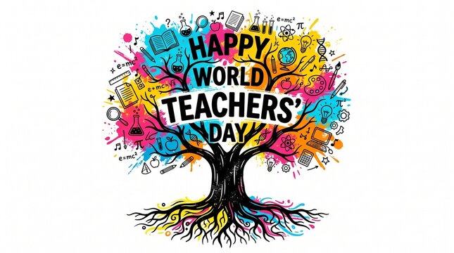 A vibrant, artistic illustration of a colorful tree of knowledge with deep roots and leaves made of various school supplies and symbols celebrating Happy World Teachers' Day on a white background.