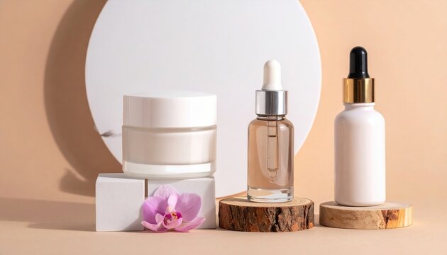 Skincare cream, serum and moisturizer bottles, premium anti-aging beauty concept