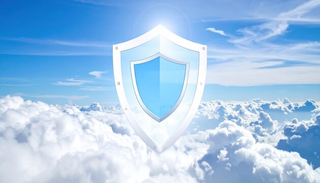 Baby bodysuit protected by shield floating among clouds, infant safety and family insurance
