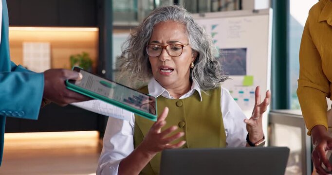 Stress, frustrated or woman with team in office with tablet, data or overwhelmed with deadline chaos. Mature person, overload or burnout on laptop for difficult challenge, notebook chart or overwork