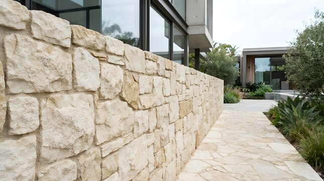 Luxury modern home with stacked limestone garden.