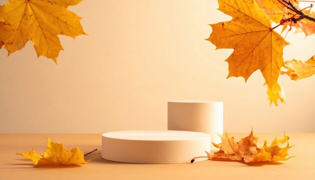 Autumn product display with falling maple leaves and empty cylinder pedestals for branding