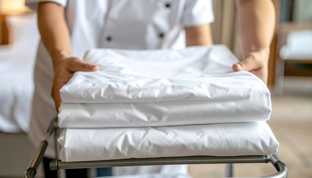 Hotel staff organizing clean white sheets on a service cart, housekeeping preparation