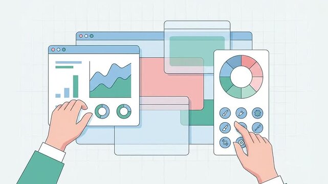 Storyboard animation of a person interacting with data visualization dashboards and charts using touch gestures