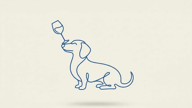 Minimalist continuous line art animation of a cute dachshund dog balancing a wine glass on its nose elegant and whimsical animal design