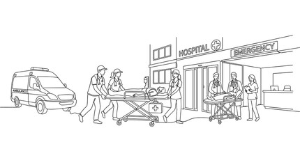 Fototapeta premium Medical emergency response team efficiently transports patient via ambulance to hospital emergency room entrance for urgent care