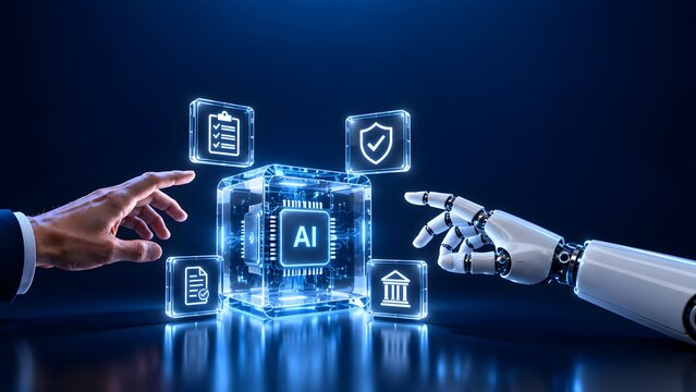 Human and robotic hands reaching for a glowing artificial intelligence cube with compliance icons representing AI governance and smart contracts