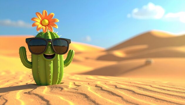 Happy cactus character wearing sunglasses and flower in desert landscape with sand dunes
