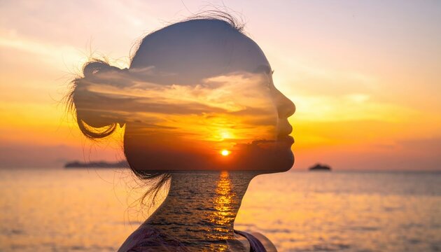 Woman silhouette with glowing sunset double exposure, peaceful mind and spiritual wellbeing
