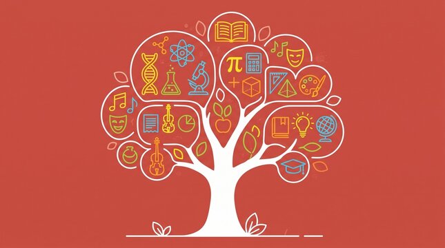 Stylized tree of knowledge with glowing line-art icons representing various disciplines including science, art, music, literature, and mathematics on a solid red background
