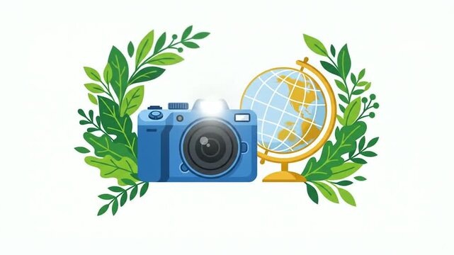 Animated Travel Photography Concept with Camera Globe and Laurel Wreath Animation