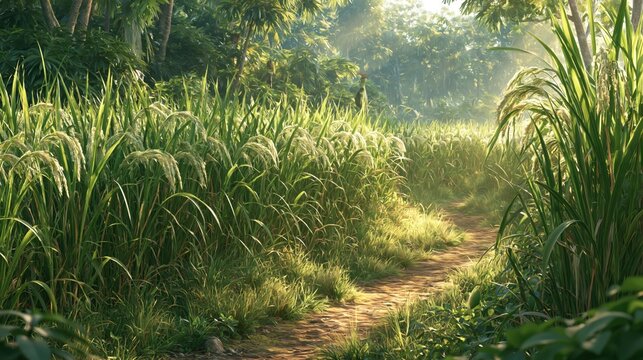 Growth along a sunlit tropical path through lush green grass and palm forest