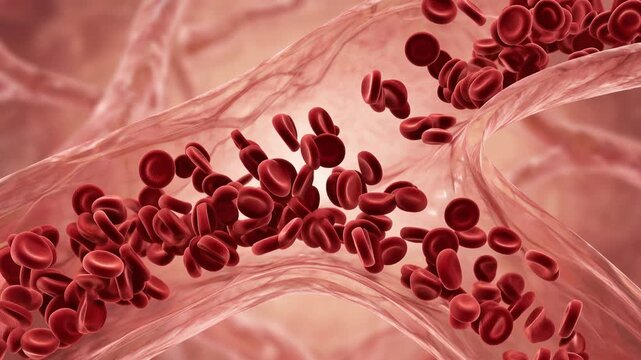 Red blood cells flowing through an arterial bloodstream, microscopic medical visualization, human vein circulation, blood pressure concept, 4K video