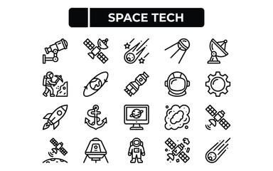 Space tech and astronomy research line icons including satellites rockets and planetary exploration. © PNG world