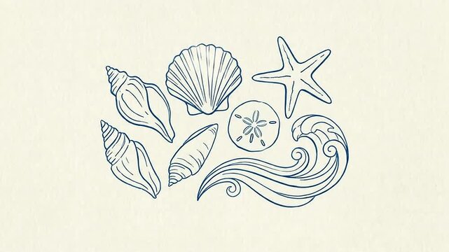 Step by step drawing of seashell collection and ocean wave illustration tutorial
