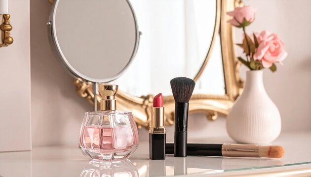 Elegant perfume, lipstick, makeup brush and mirror arranged on luxury vanity, feminine beauty concept
