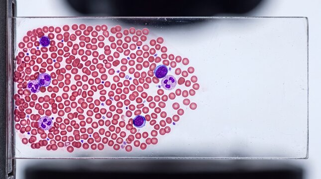 Blood sample on microscope slide, scientific research and medical diagnostic