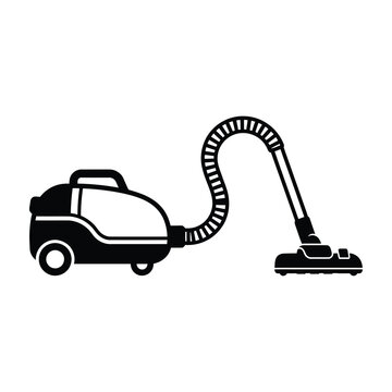 Black and white icon of a canister vacuum cleaner with hose and nozzle for cleaning floors