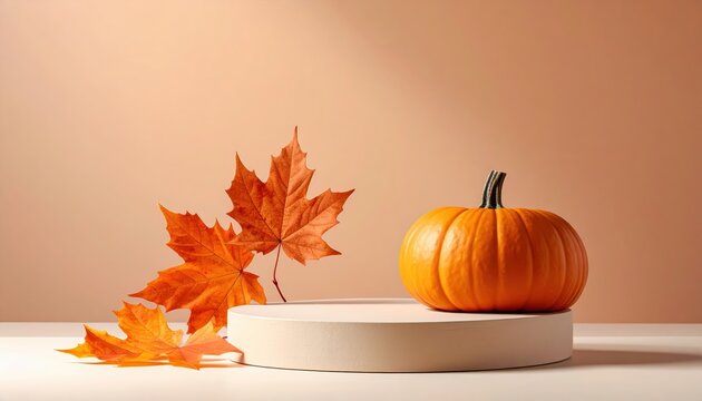 Orange pumpkin and autumn maple leaves displayed on a minimalist podium