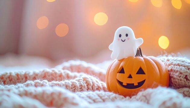 Cute pastel ghost floating above a smiling pumpkin on a cozy knitted blanket, sweet Halloween concept