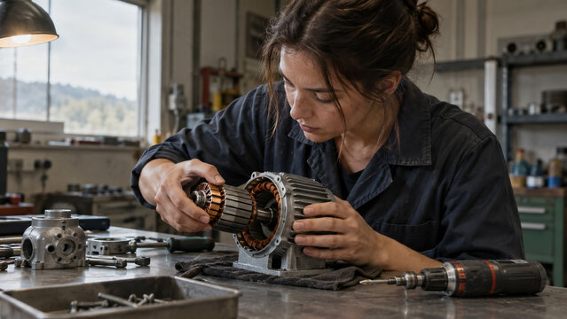 Female mechanic assembling electric motor rotor into stator in workshop. Concept of manufacturing, production, bells, woman worker, assembly.