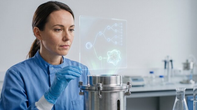 Female scientist analyzing a 3D hologram of stem cell lineage above a bioreactor in a clean laboratory