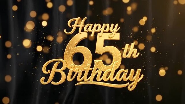 Happy 65th Birthday gold script on black fabric.