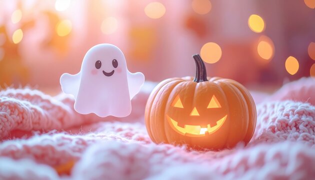 Cute pastel ghost floating above a smiling pumpkin on a cozy knitted blanket, sweet Halloween concept