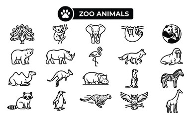 Fototapeta premium Zoo animals line icons featuring wild fauna from around global wildlife parks.