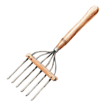 Vintage hand rake with wooden handle, rustic metal gardening tool, home garden cultivation and soil aeration equipment isolated PNG with Transparent Background
