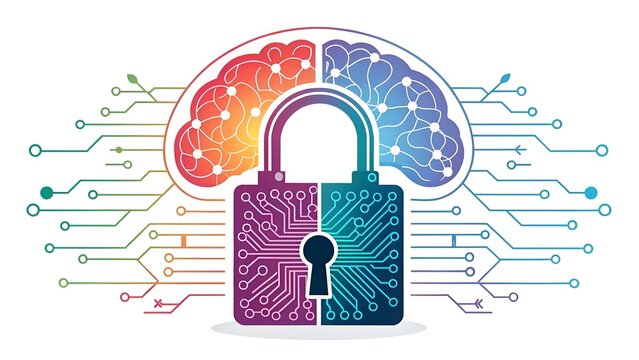 Digital brain with padlock and circuit board connections symbolizing cybersecurity and artificial intelligence
