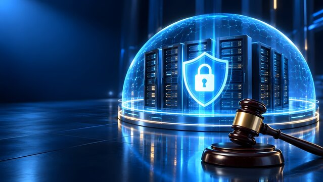 Wooden judge gavel with server racks under a glowing security shield dome representing cyber law data privacy and digital regulations